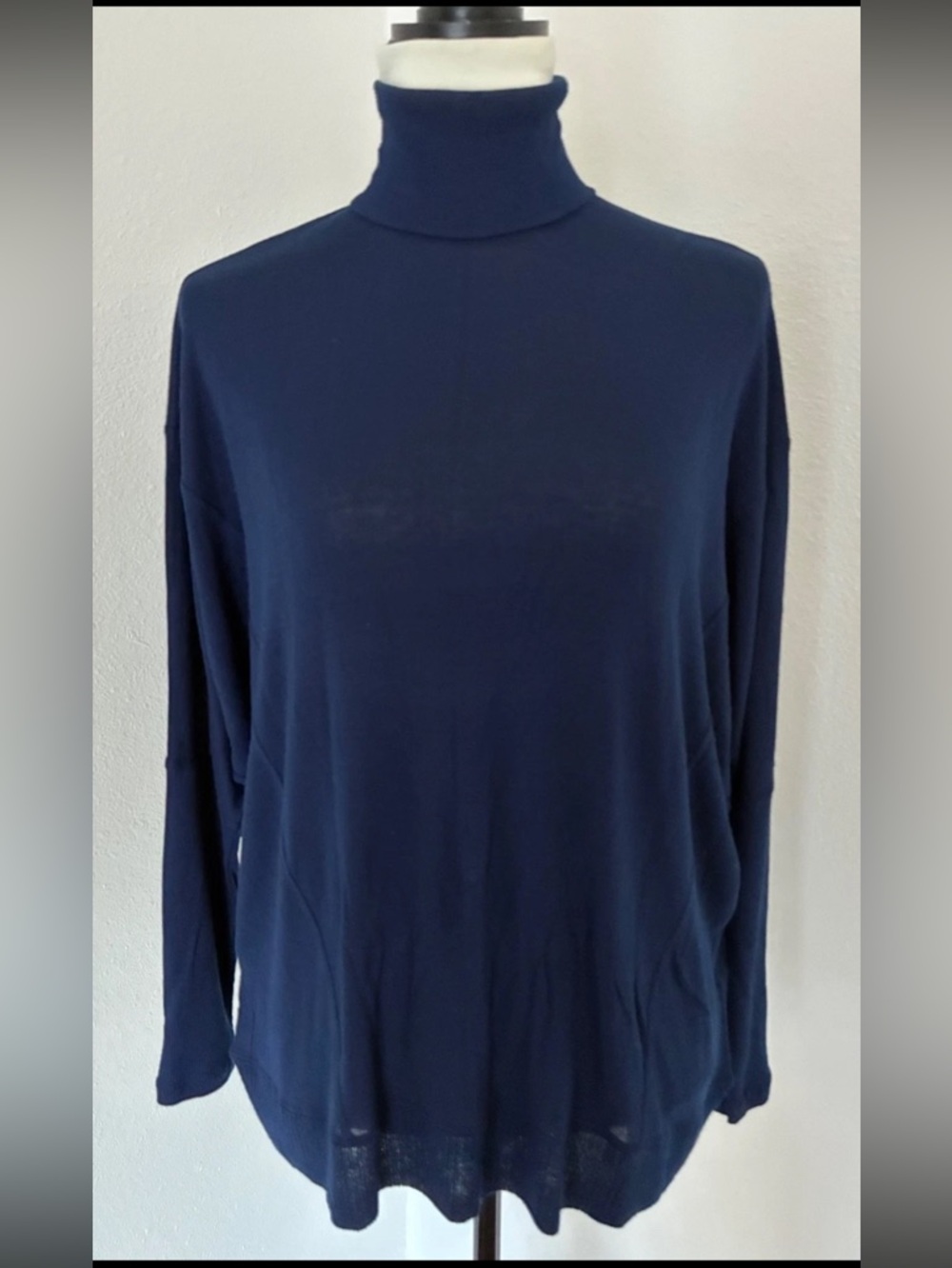 ZARA Womens Navy Blue Turtleneck Long Kimono Sleeves Blouse Top Shirt Size L